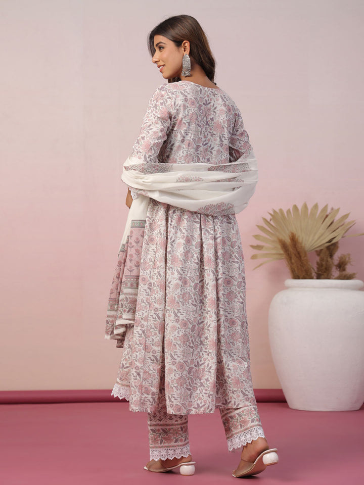 Floral Block Printed Cotton Kurta With Pants &amp; Dupatta