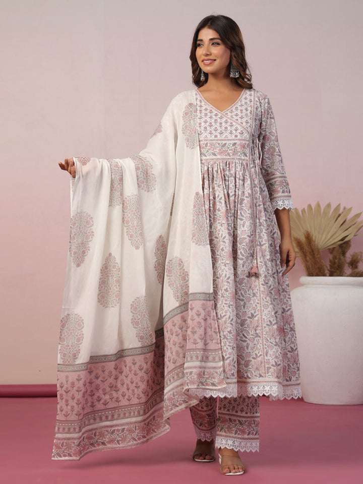 Floral Block Printed Cotton Kurta With Pants &amp; Dupatta