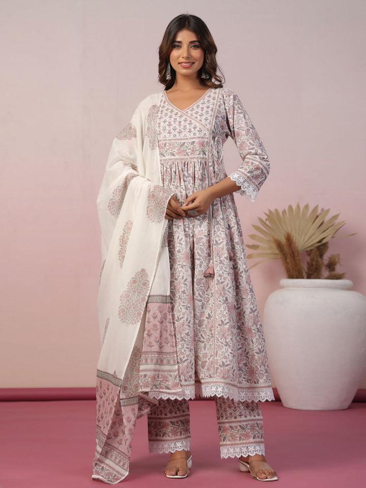 Floral Block Printed Cotton Kurta With Pants &amp; Dupatta