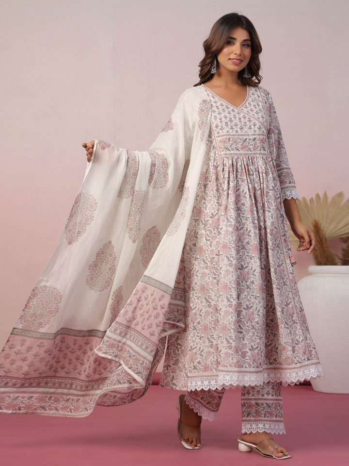 Floral Block Printed Cotton Kurta With Pants &amp; Dupatta