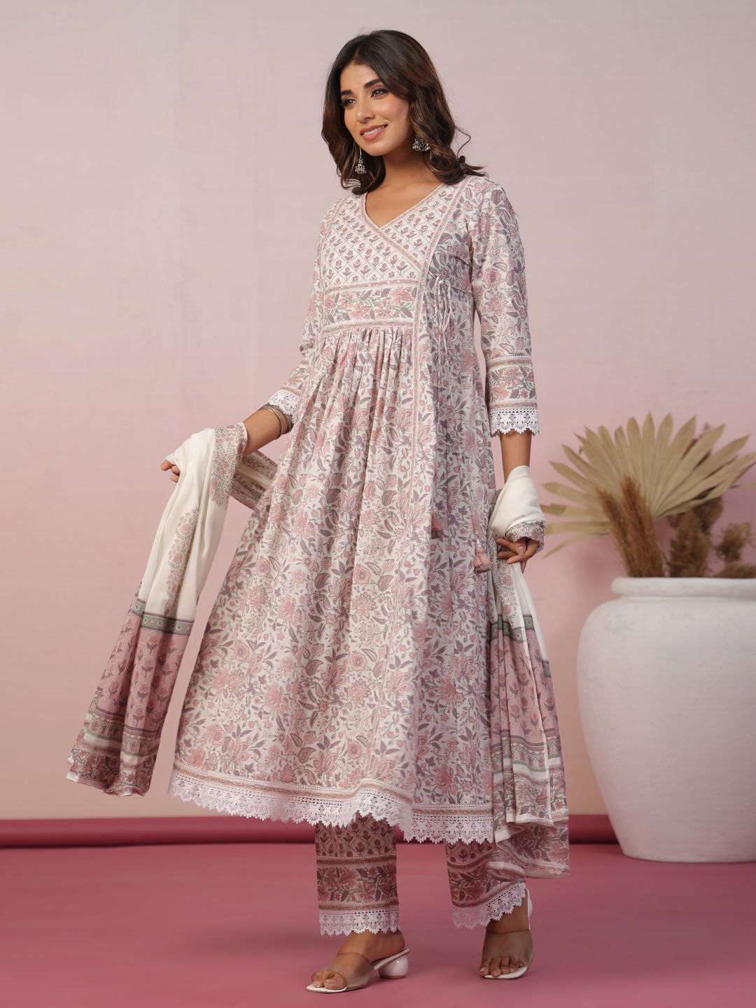 Floral Block Printed Cotton Kurta With Pants &amp; Dupatta