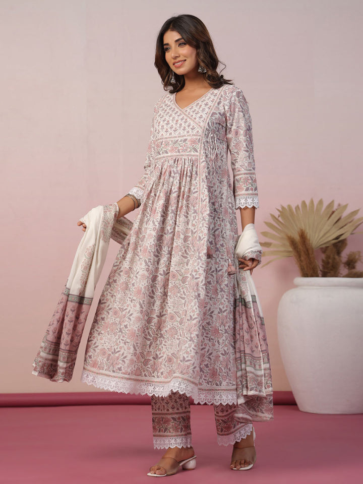 Floral Block Printed Cotton Kurta With Pants &amp; Dupatta