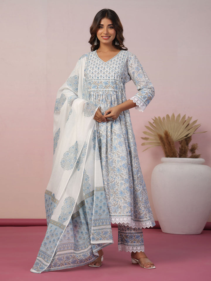 Floral Block Printed Cotton Kurta With Pants &amp; Dupatta