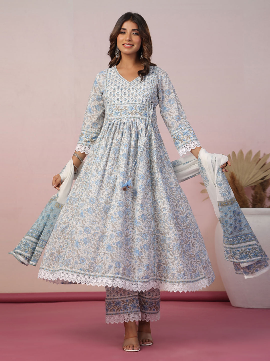 Floral Block Printed Cotton Kurta With Pants &amp; Dupatta