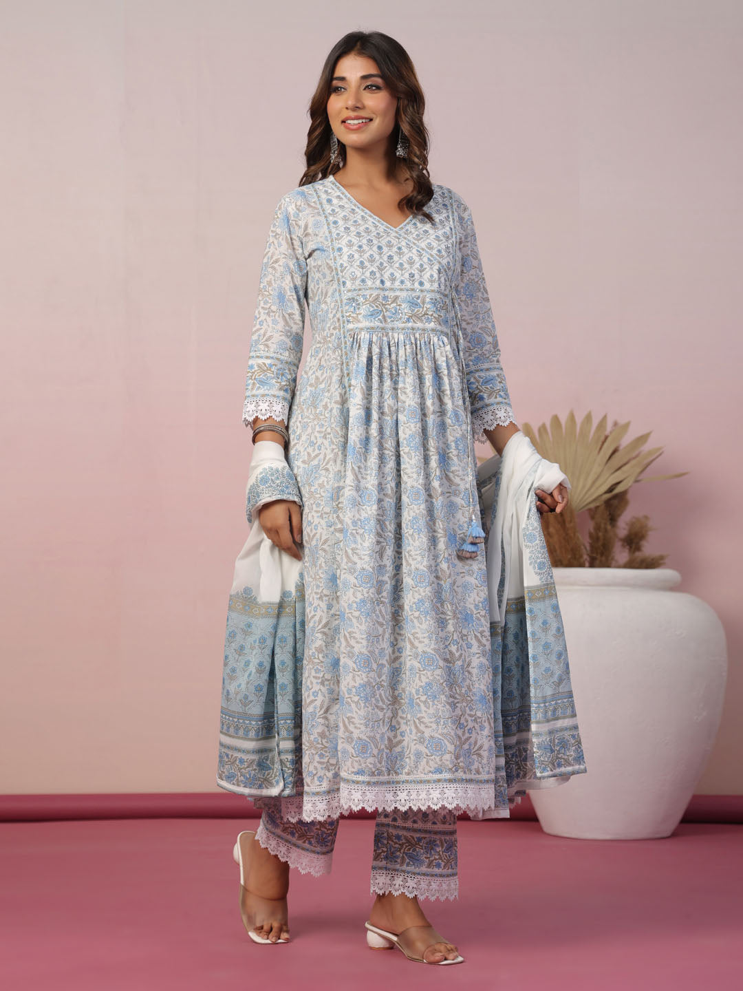 Floral Block Printed Cotton Kurta With Pants &amp; Dupatta