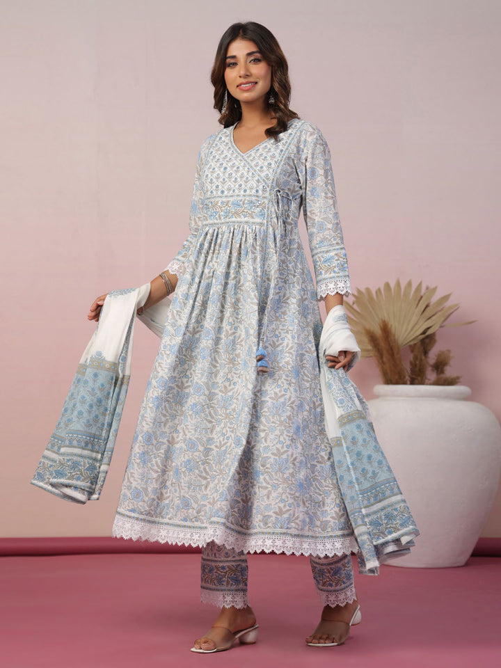Floral Block Printed Cotton Kurta With Pants &amp; Dupatta