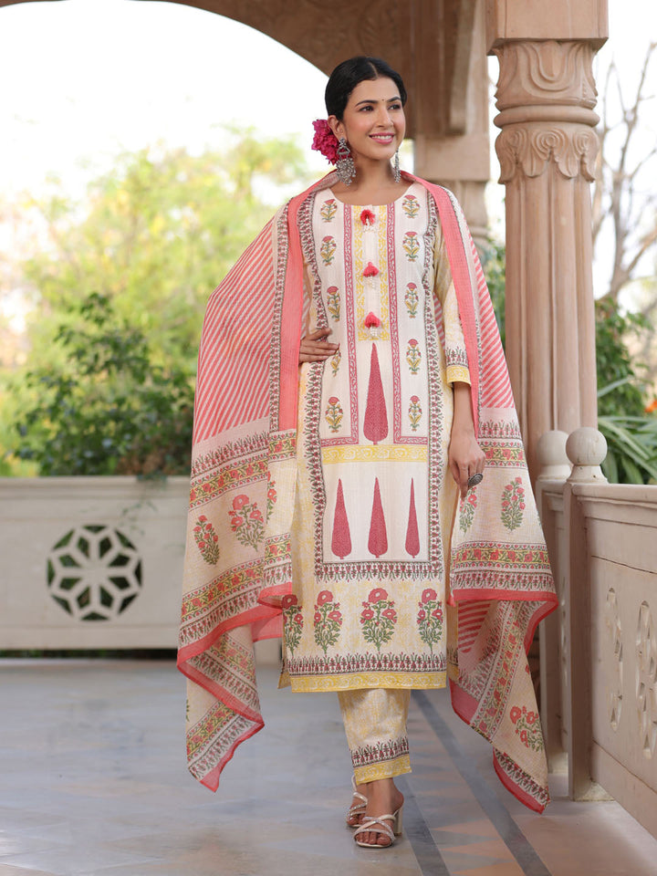 Floral Printed Cotton Kurta With Pants &amp; Dupatta