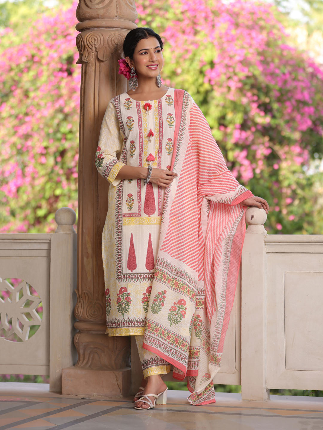 Floral Printed Cotton Kurta With Pants &amp; Dupatta
