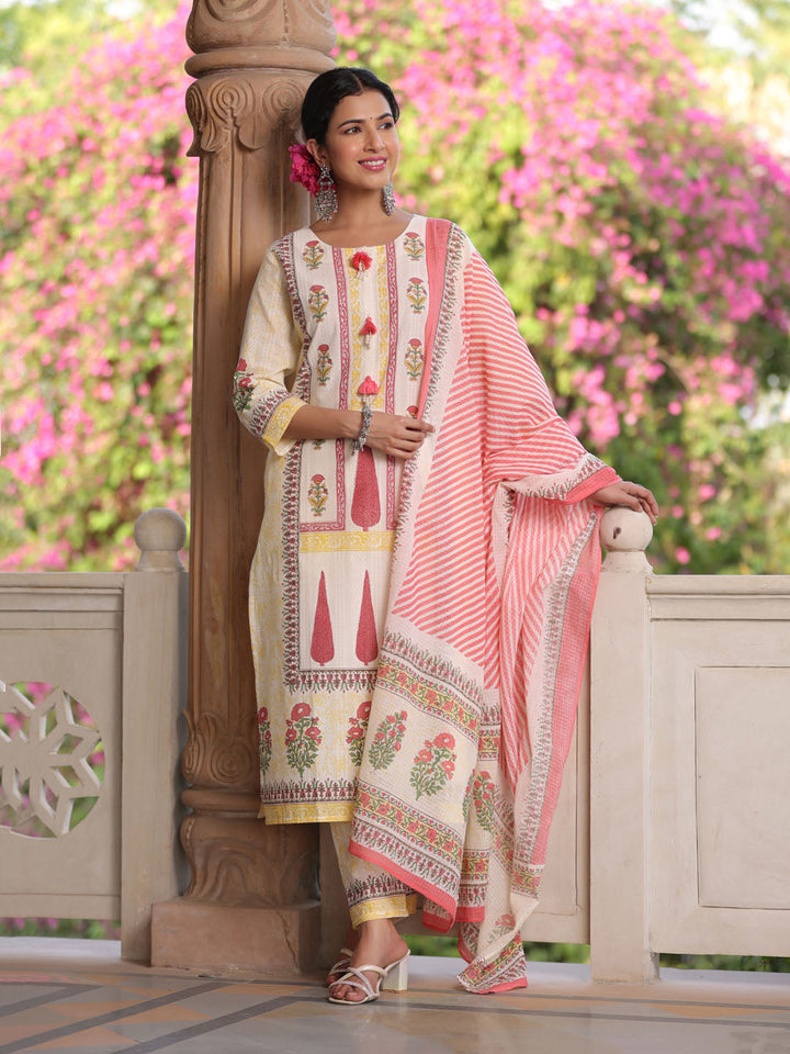 Floral Printed Cotton Kurta With Pants &amp; Dupatta
