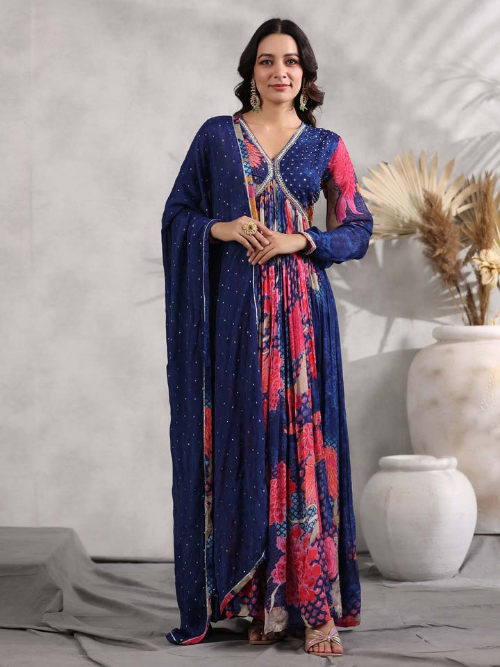 Floral Printed Crepe Kurta With Dupatta