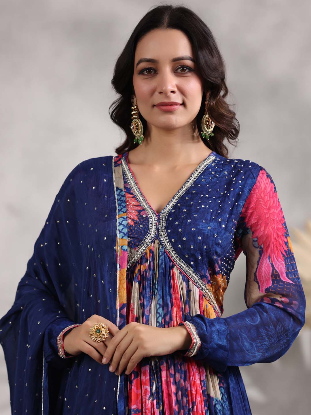 Floral Printed Crepe Kurta With Dupatta
