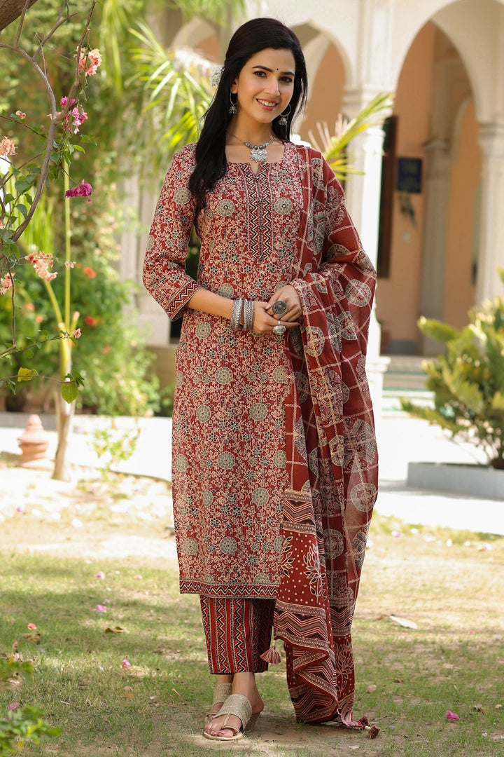 Printed Cotton Kurta With Pants &amp; Dupatta