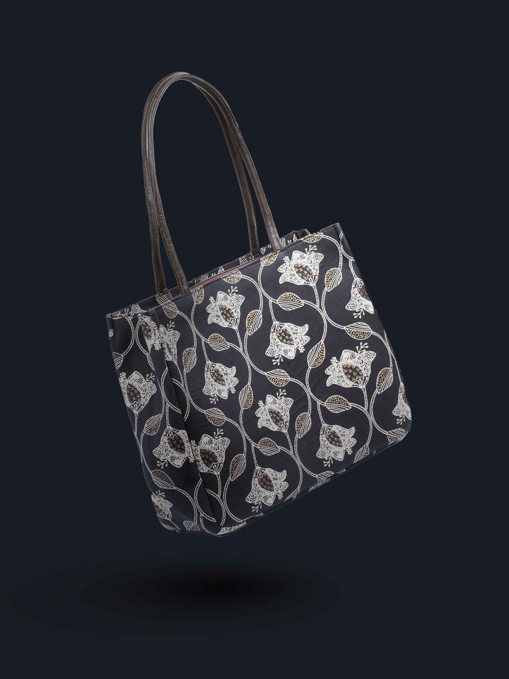 Black Printed Cotton Handbag With Pouch