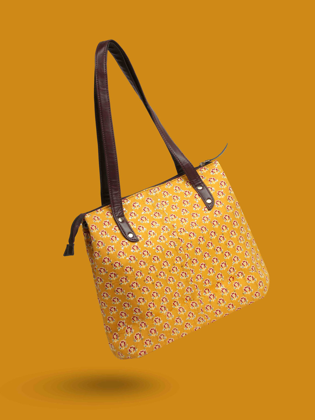 Mustard &amp; Maroon Printed Cotton Handbag With Pouch