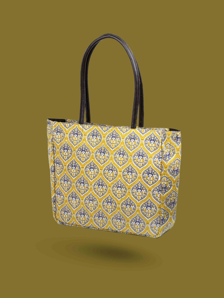 Yellow Printed Cotton Handbag With Pouch