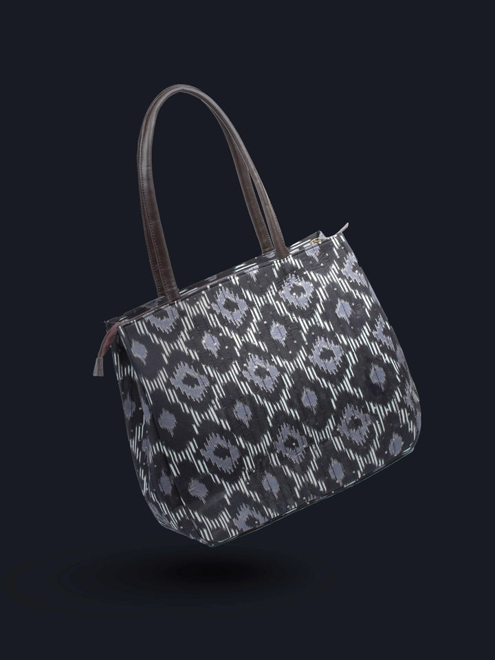 Black Printed Cotton Handbag With Pouch