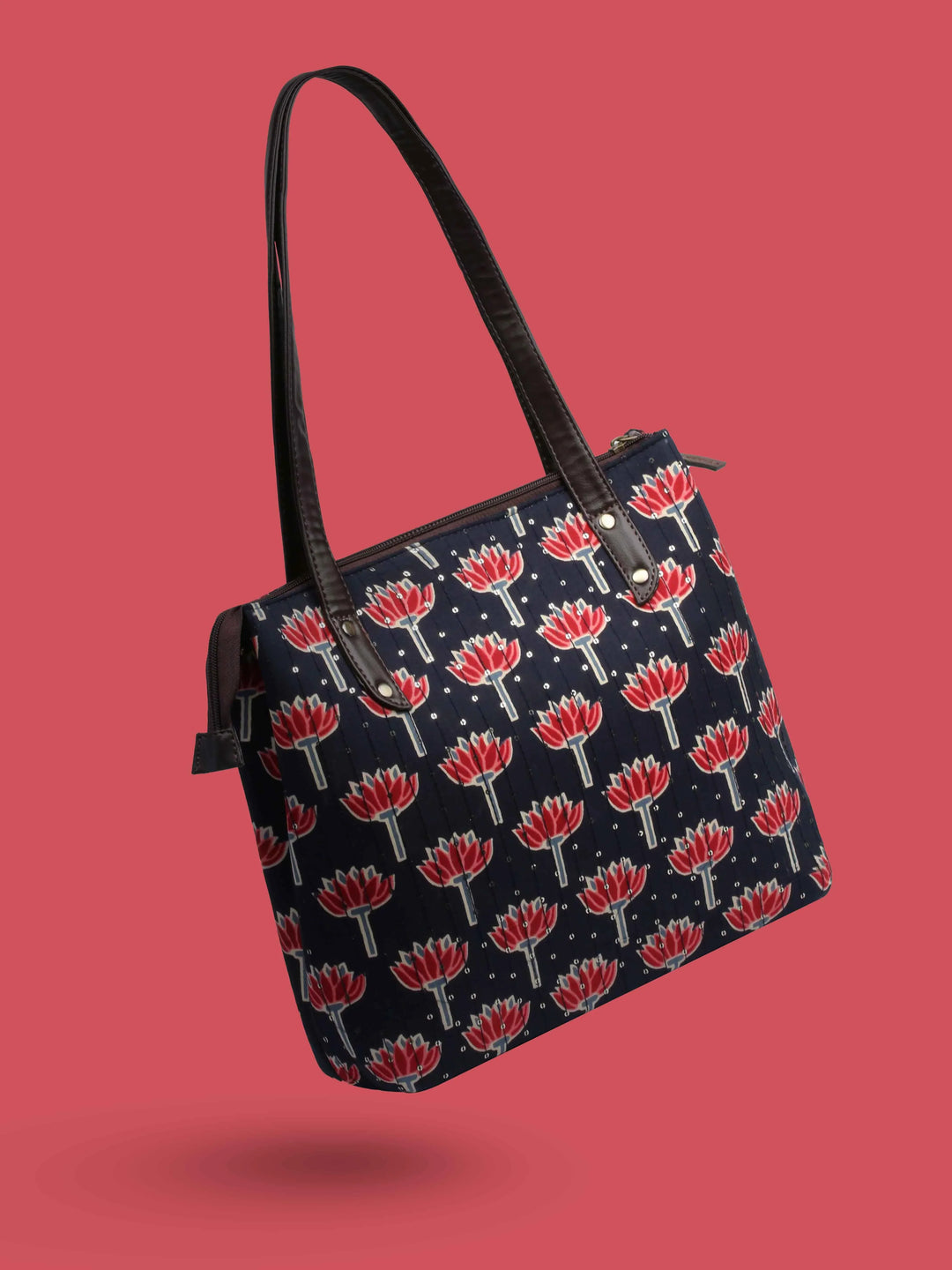 Navy Blue Printed Cotton Handbag With Pouch