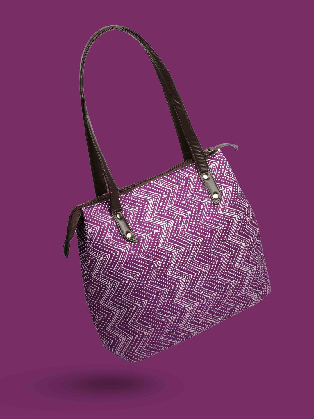 Purple Printed Cotton Handbag With Pouch
