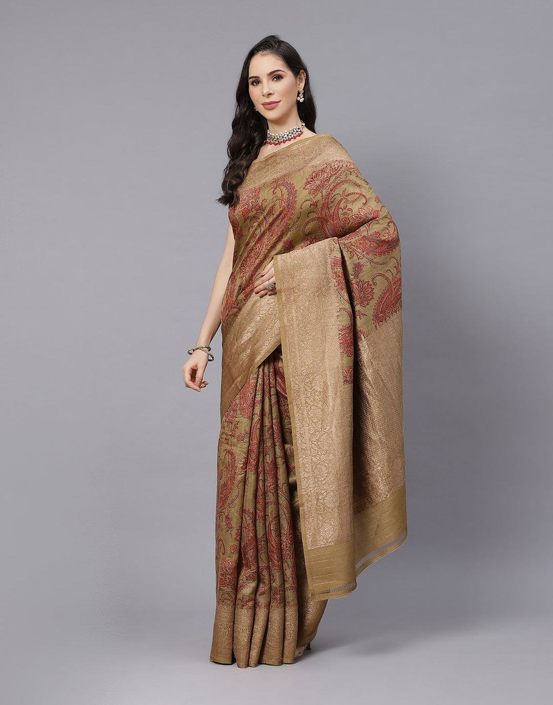 Printed Tussar Saree With Antique Zari Border
