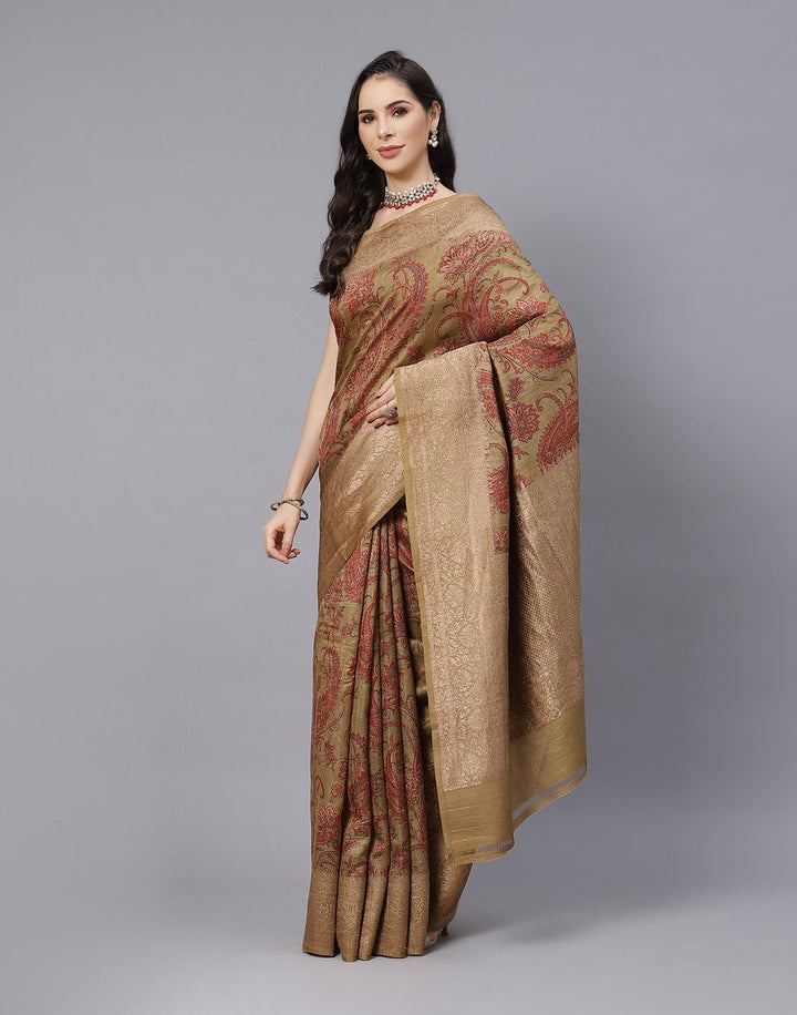 Printed Tussar Saree With Antique Zari Border