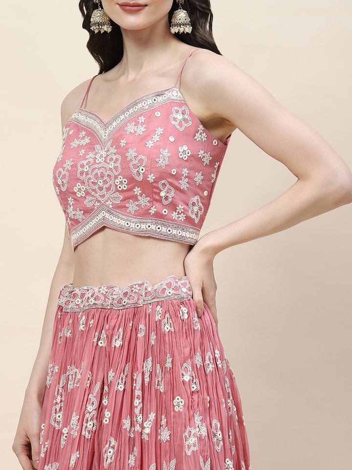 Resham Jaal Embroidery Crepe Choli  Jacket With Lehenga &amp; Dupatta