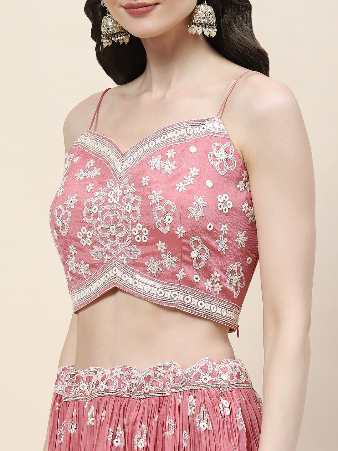 Resham Jaal Embroidery Crepe Choli  Jacket With Lehenga &amp; Dupatta