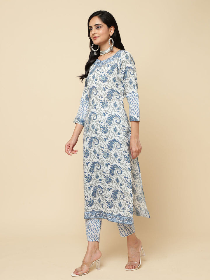 Paisley Printed Cotton Kurta With Pants &amp; Dupatta