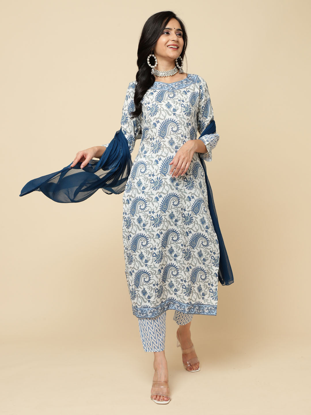 Paisley Printed Cotton Kurta With Pants &amp; Dupatta