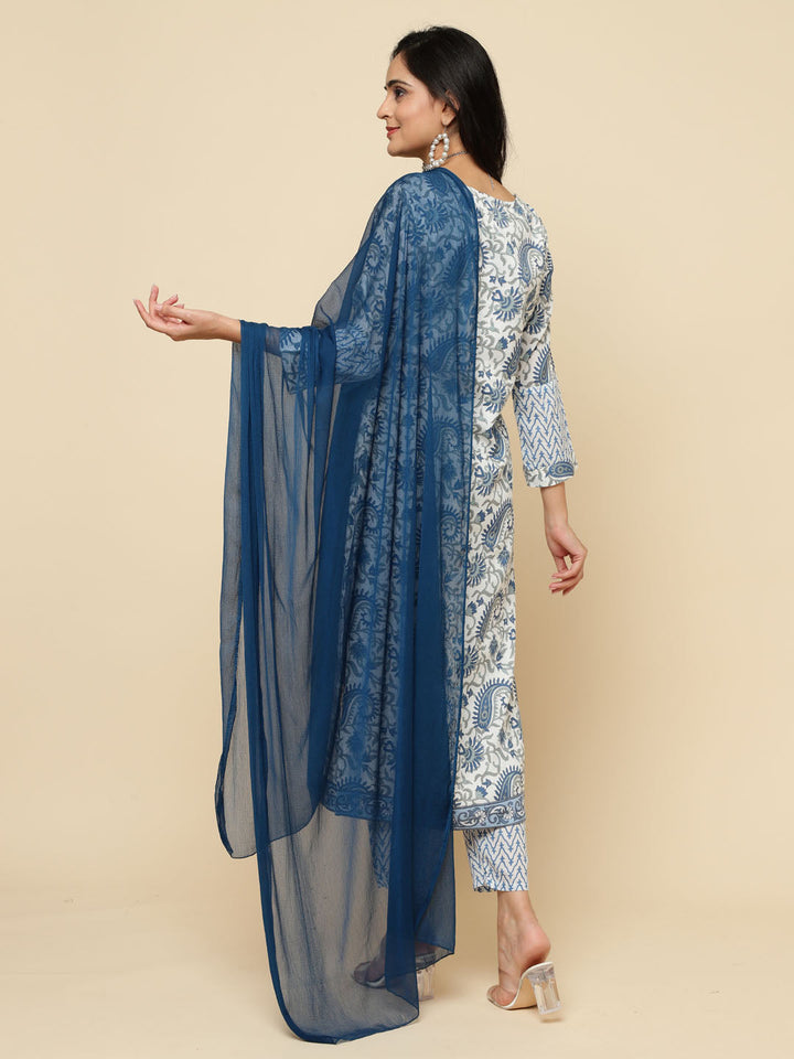 Paisley Printed Cotton Kurta With Pants &amp; Dupatta