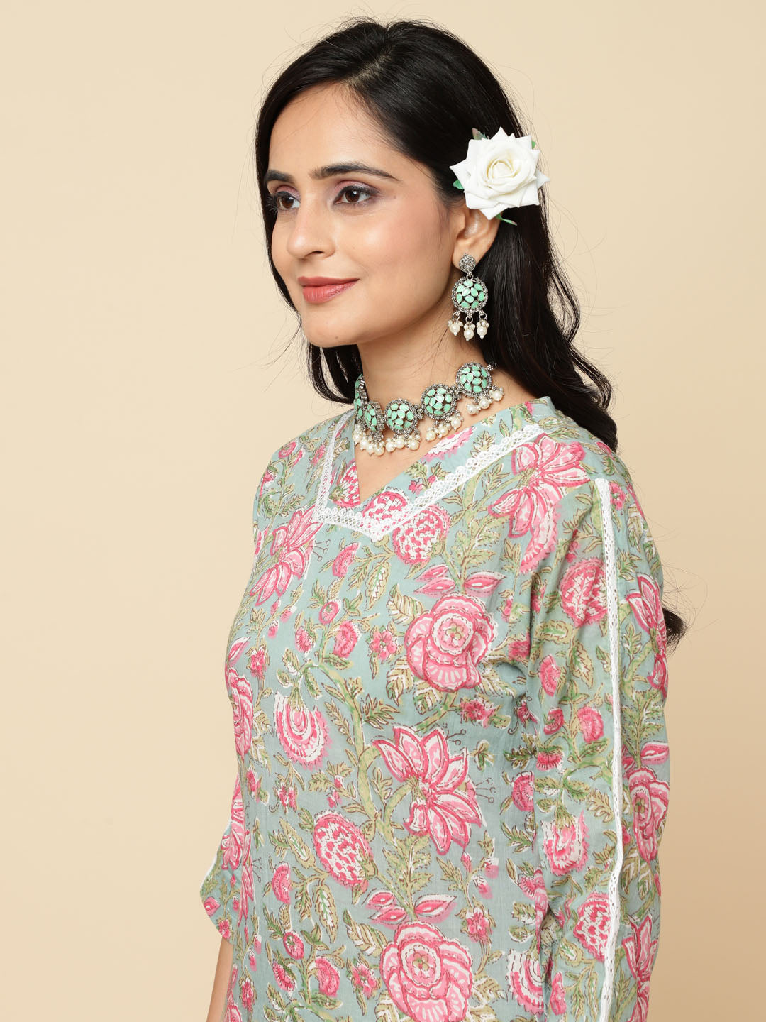 Floral Printed Cotton Kurta With Pants &amp; Dupatta