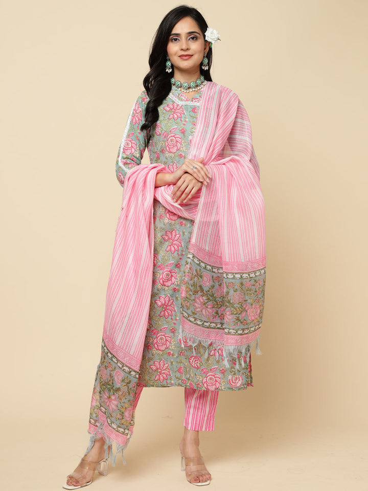 Floral Printed Cotton Kurta With Pants &amp; Dupatta