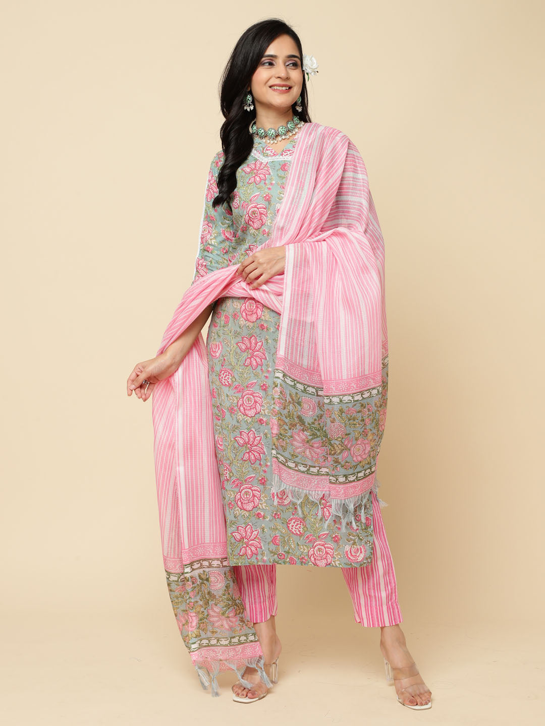 Floral Printed Cotton Kurta With Pants &amp; Dupatta