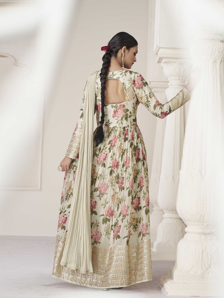 Floral Printed Organza Suit Set With Dupatta &amp; Churidar