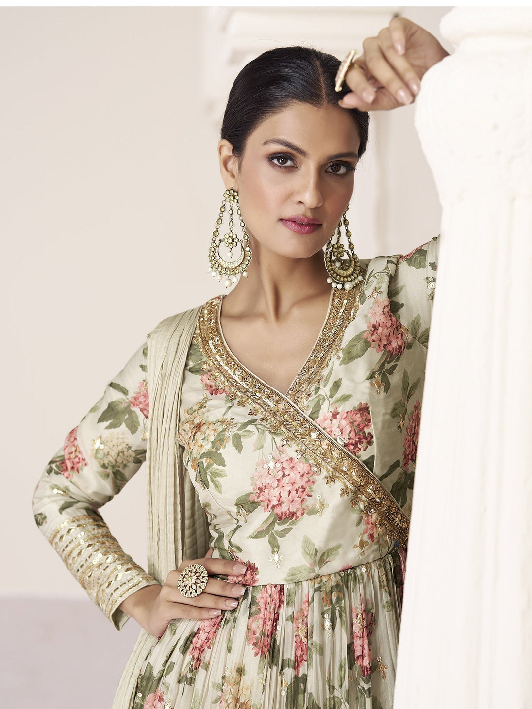 Floral Printed Organza Suit Set With Dupatta &amp; Churidar