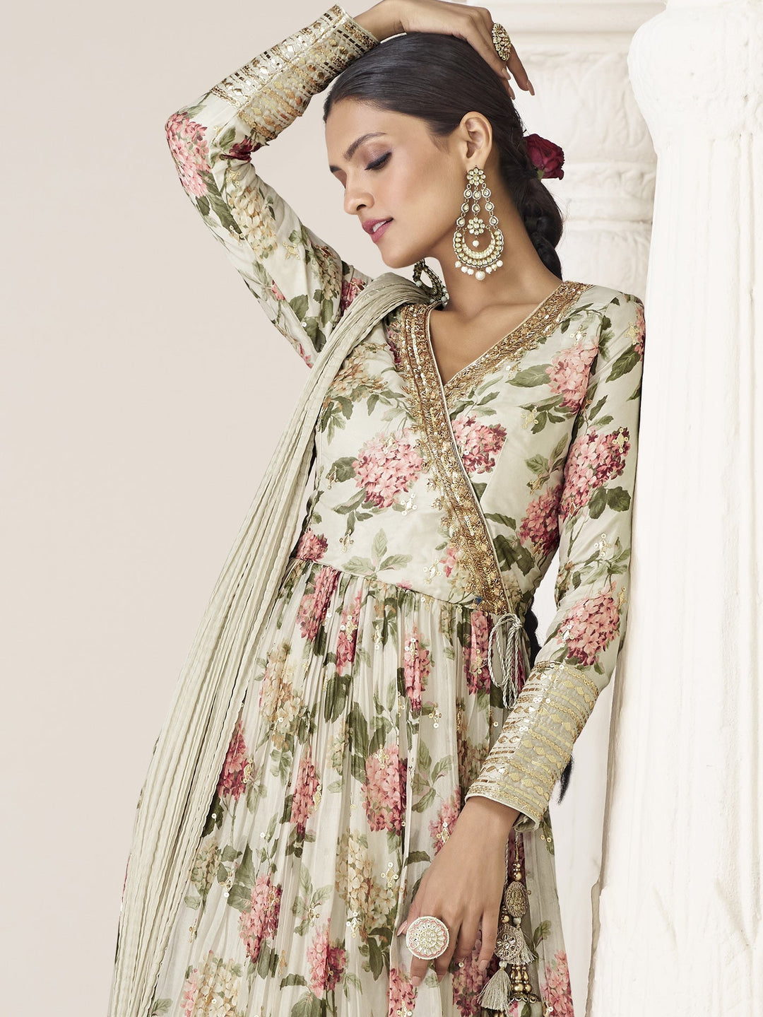 Floral Printed Organza Suit Set With Dupatta &amp; Churidar