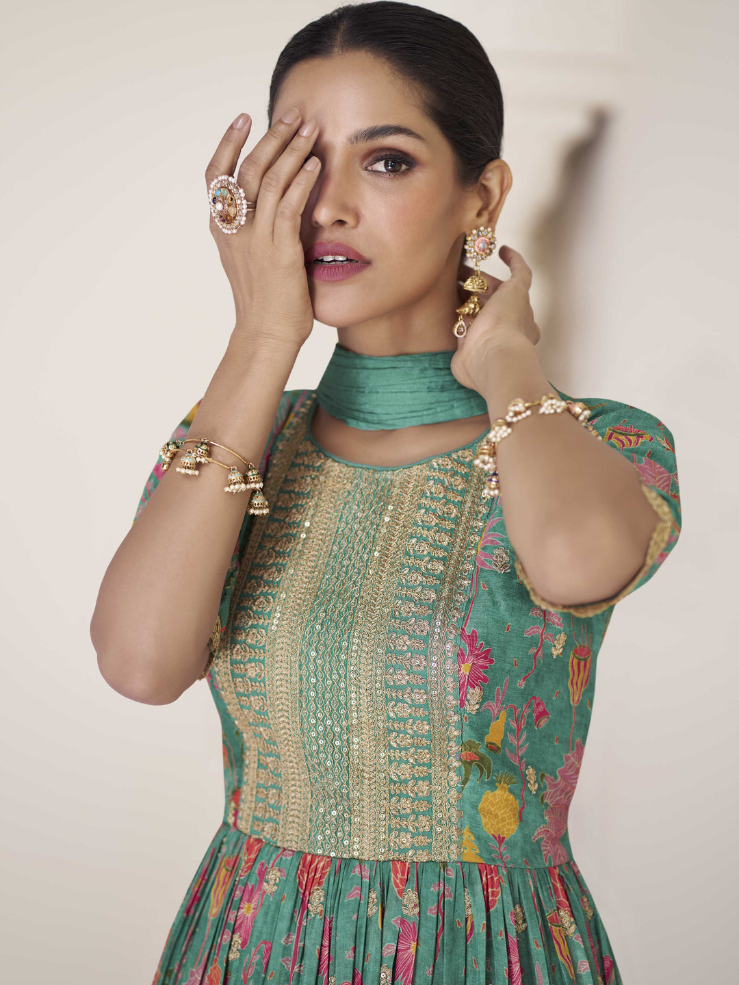 Floral Printed Organza Suit Set With Dupatta &amp; Churidar