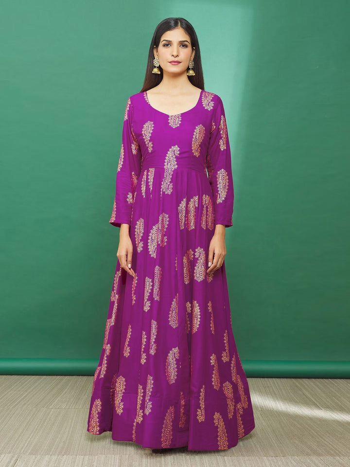 Paisley Printed Rayon Anarkali Kurta With Pants &amp; Dupatta