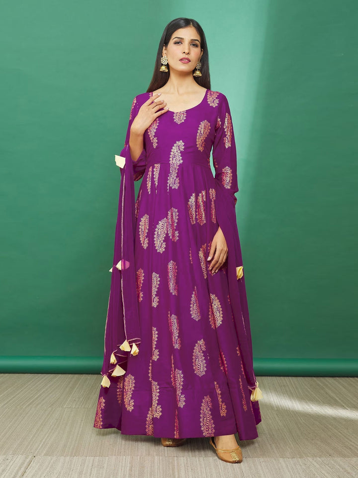 Paisley Printed Rayon Anarkali Kurta With Pants &amp; Dupatta