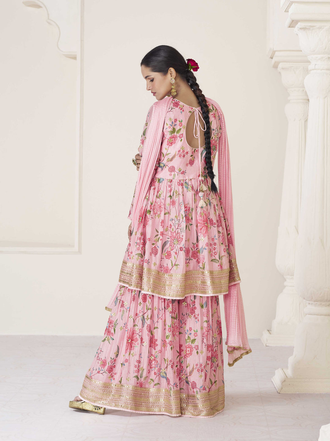 Floral Printed Organza Suit Set With Dupatta &amp; Churidar