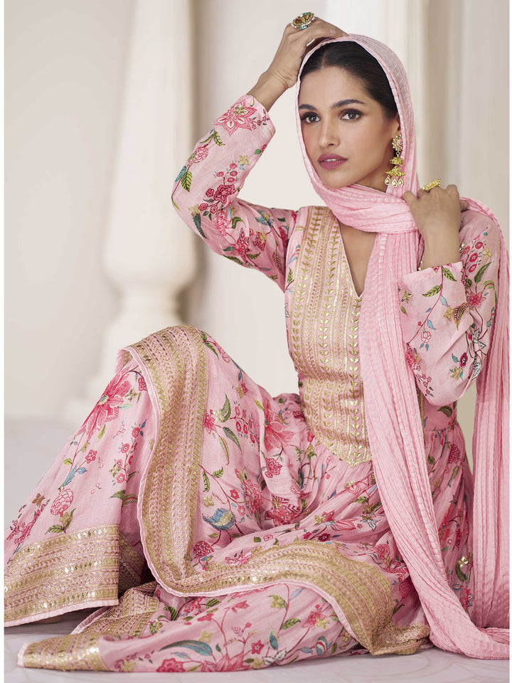 Floral Printed Organza Suit Set With Dupatta &amp; Churidar