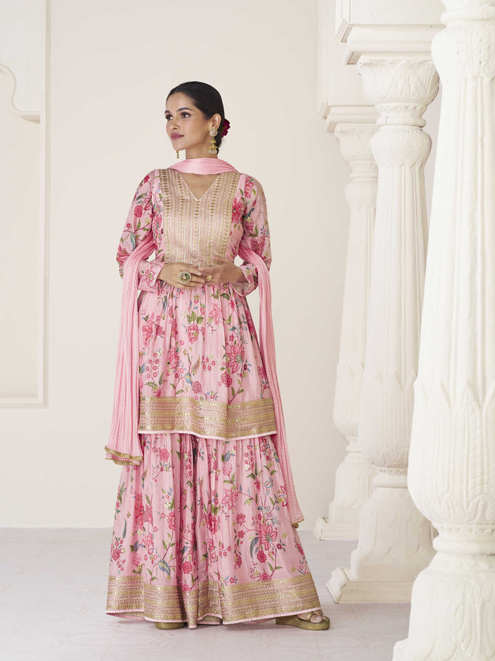 Floral Printed Organza Suit Set With Dupatta &amp; Churidar