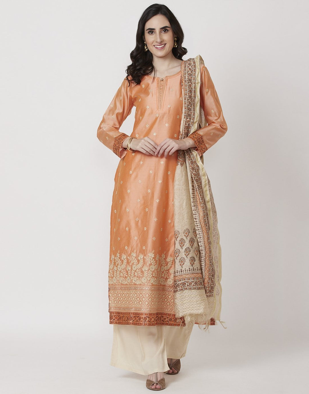 MBZ Meena Bazaar-Peach Beige Cotton Chanderi Salwar Kameez