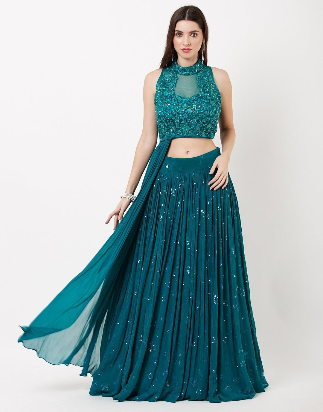 MBZ Meena Bazaar-Lake Blue Georgette Lehenga with Attached Dupatta