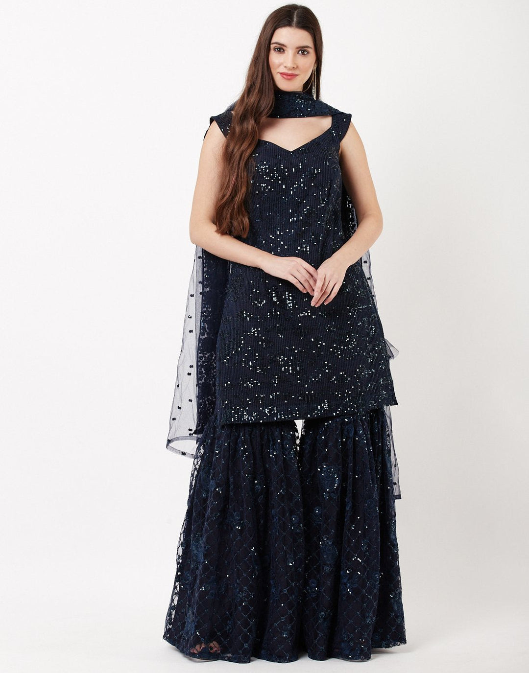 MBZ Meena Bazaar-Navy Blue Net Sharara Set