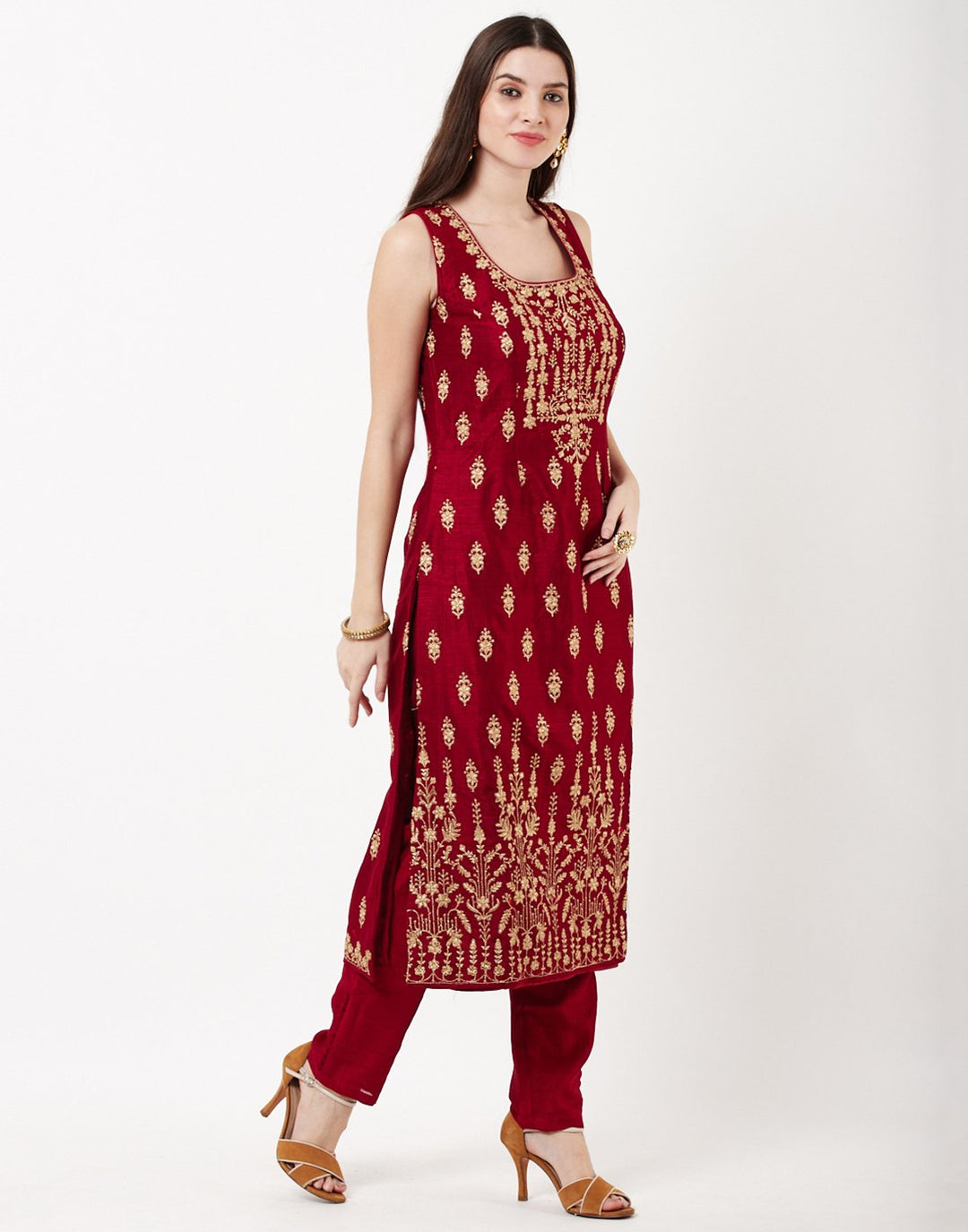 MBZ Meena Bazaar-Maroon Dupion Handloom Salwar Kameez