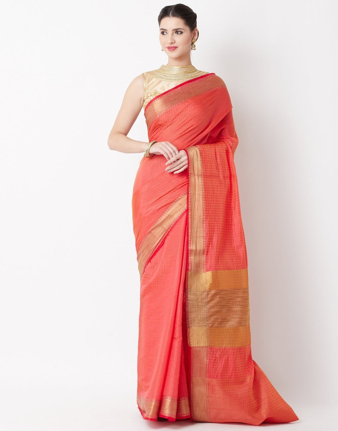 MBZ Meena Bazaar-Red Art Handloom Saree