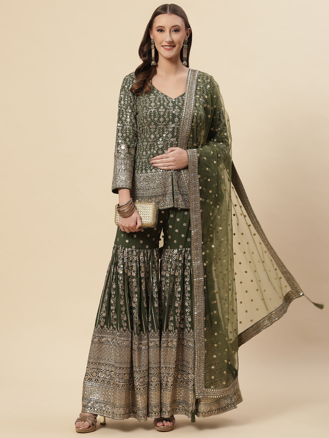 Sequin Resham Embroidered Georgette Crop Top With Jacket Garara &amp; Dupatta