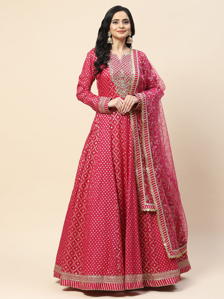 Zari Jaal Chanderi Anarkali Kurta With Churidar &amp; Dupatta