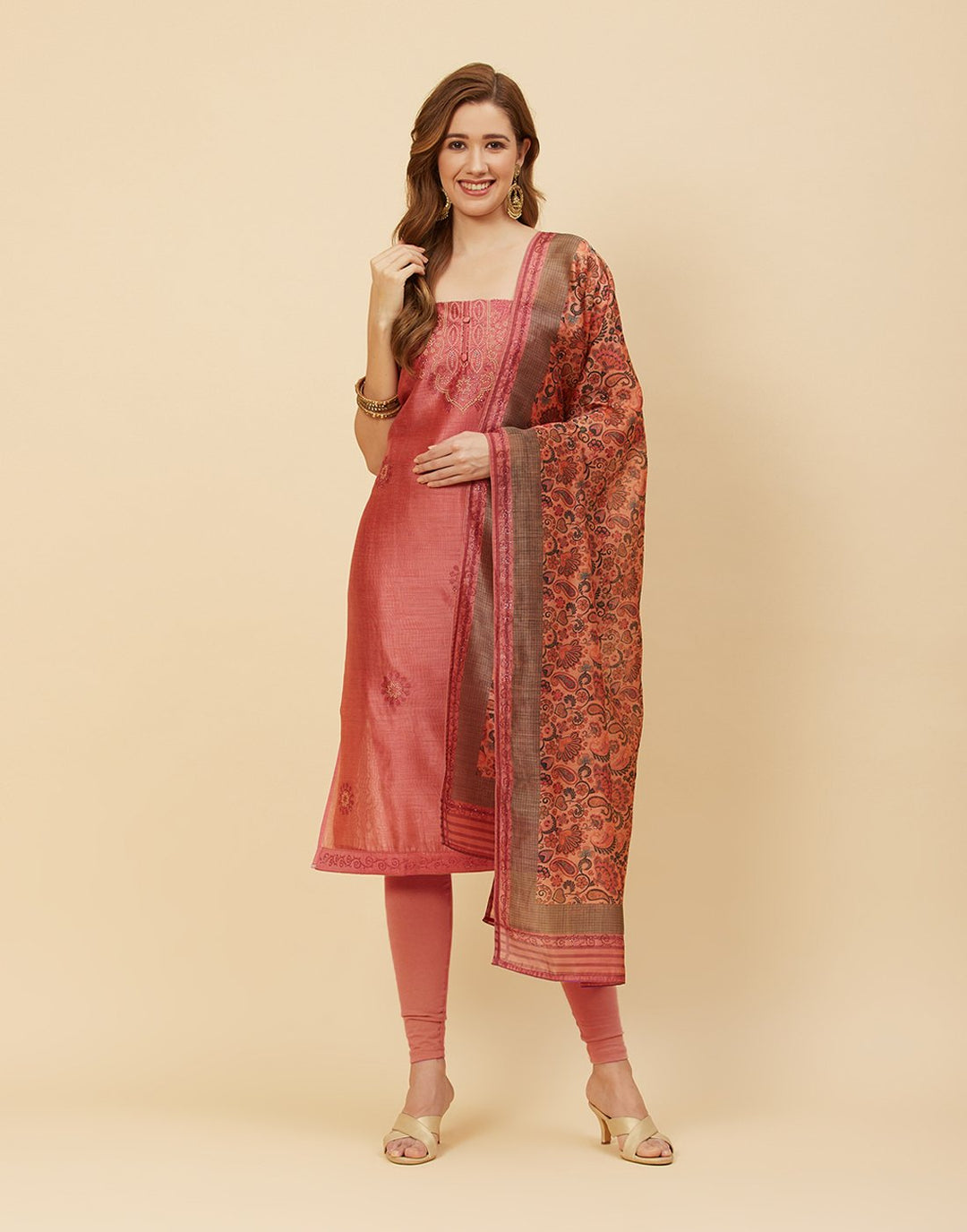 Embroidered Chanderi Suit Piece With Printed Chanderi Dupatta