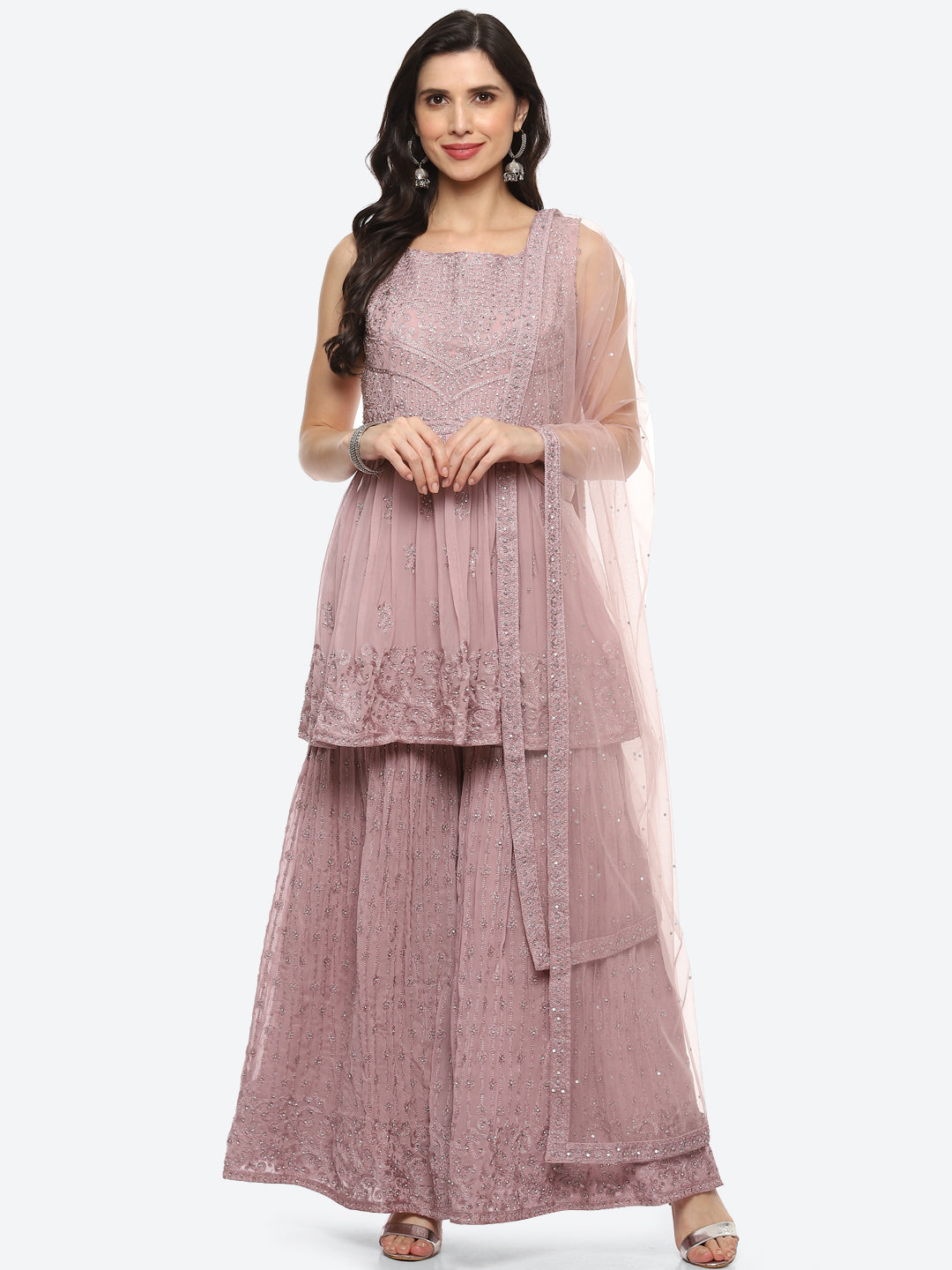 Resham Embroidered Georgette Kurti With Garara &amp; Net Dupatta